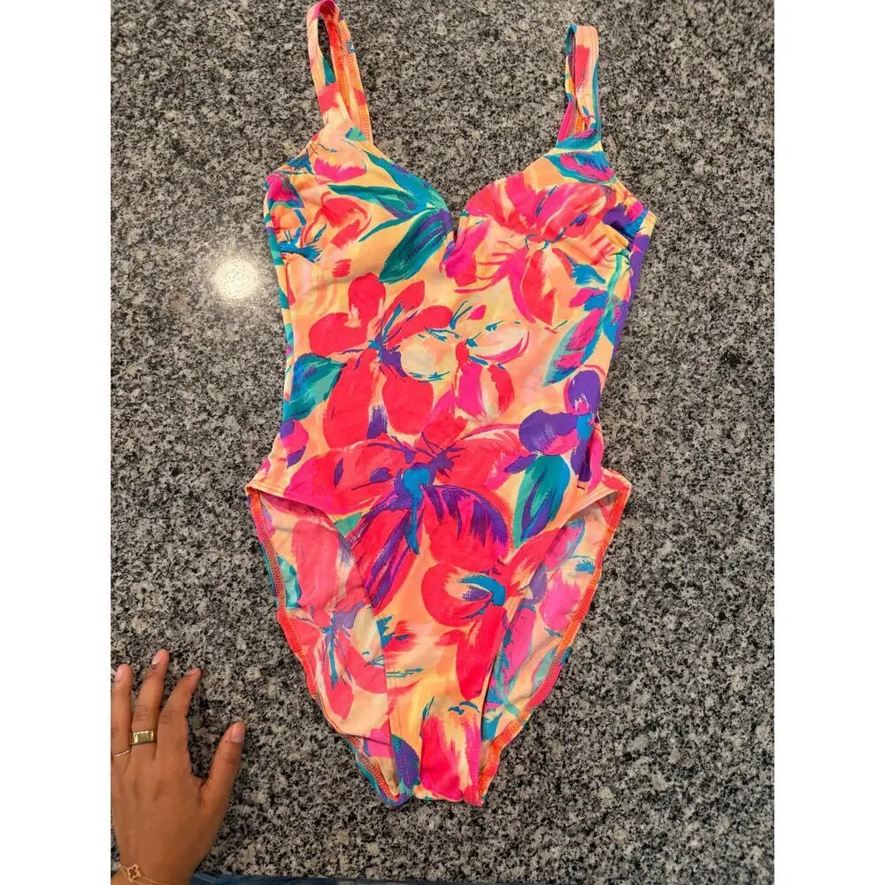 Sun Streak Floral Vintage 90's One-Piece Swimsuit Size 8